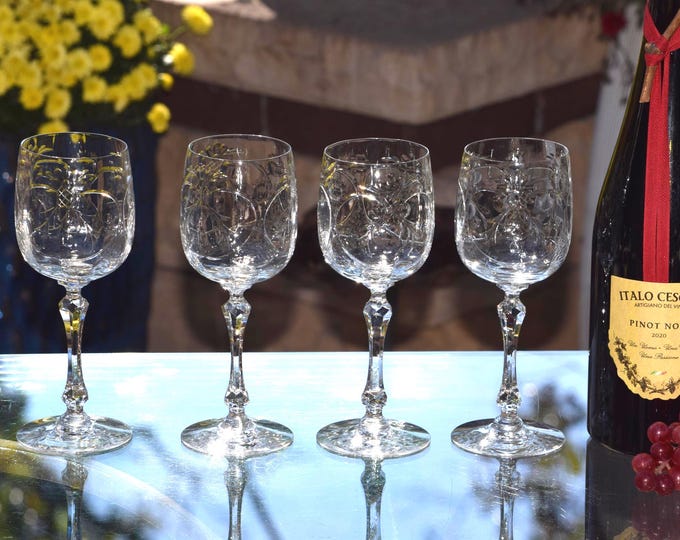 Vintage Etched Crystal Wine Glasses - Set of 4, 1940's, Vintage Crystal Stemware ~ Glassware