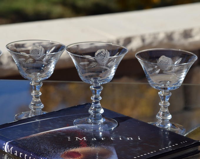 Sipping Cocktails?  4 Vintage Etched Cocktail ~ Martini glasses, 5 oz, Fostoria, American Made,  1950's, Vintage Champagne Glass