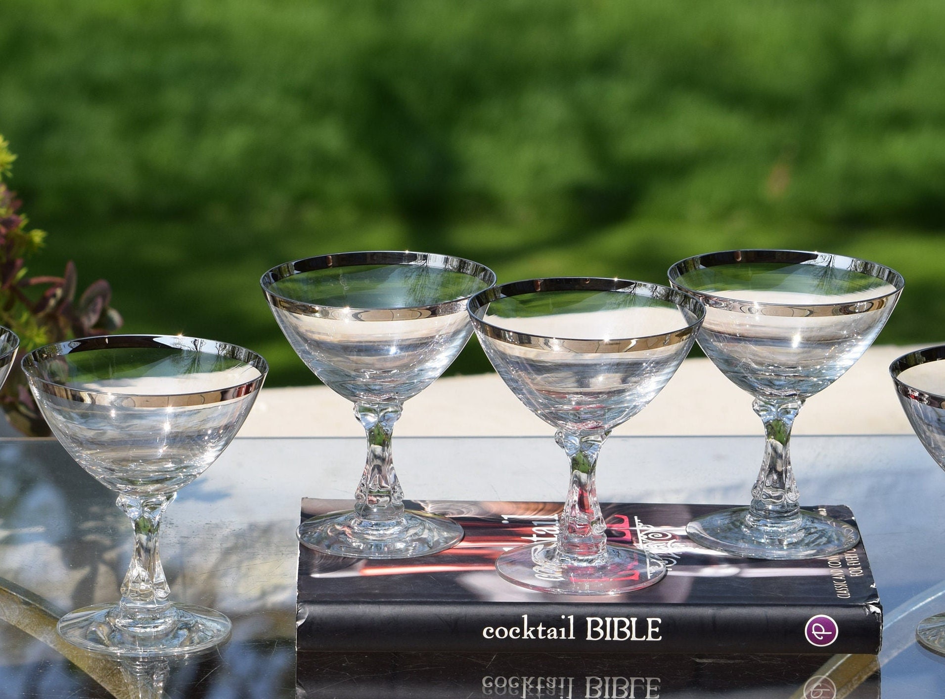 Vintage Crystal Wine Glasses Long Stem Platinum Rim West Germany Set Of 6  1950's