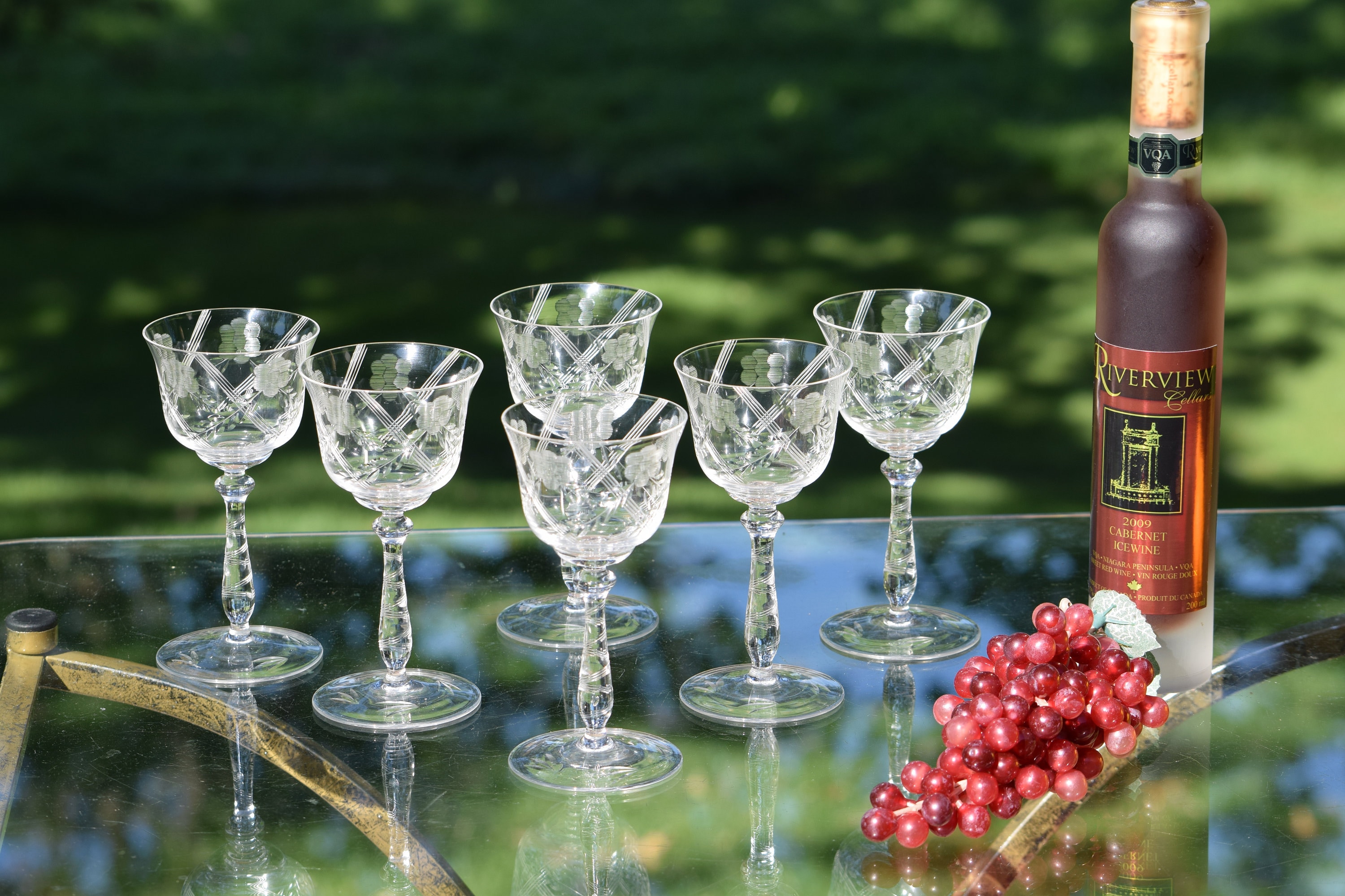 6 Vintage Etched Red Cocktail Glasses, 1950's, Vintage 4 oz Small