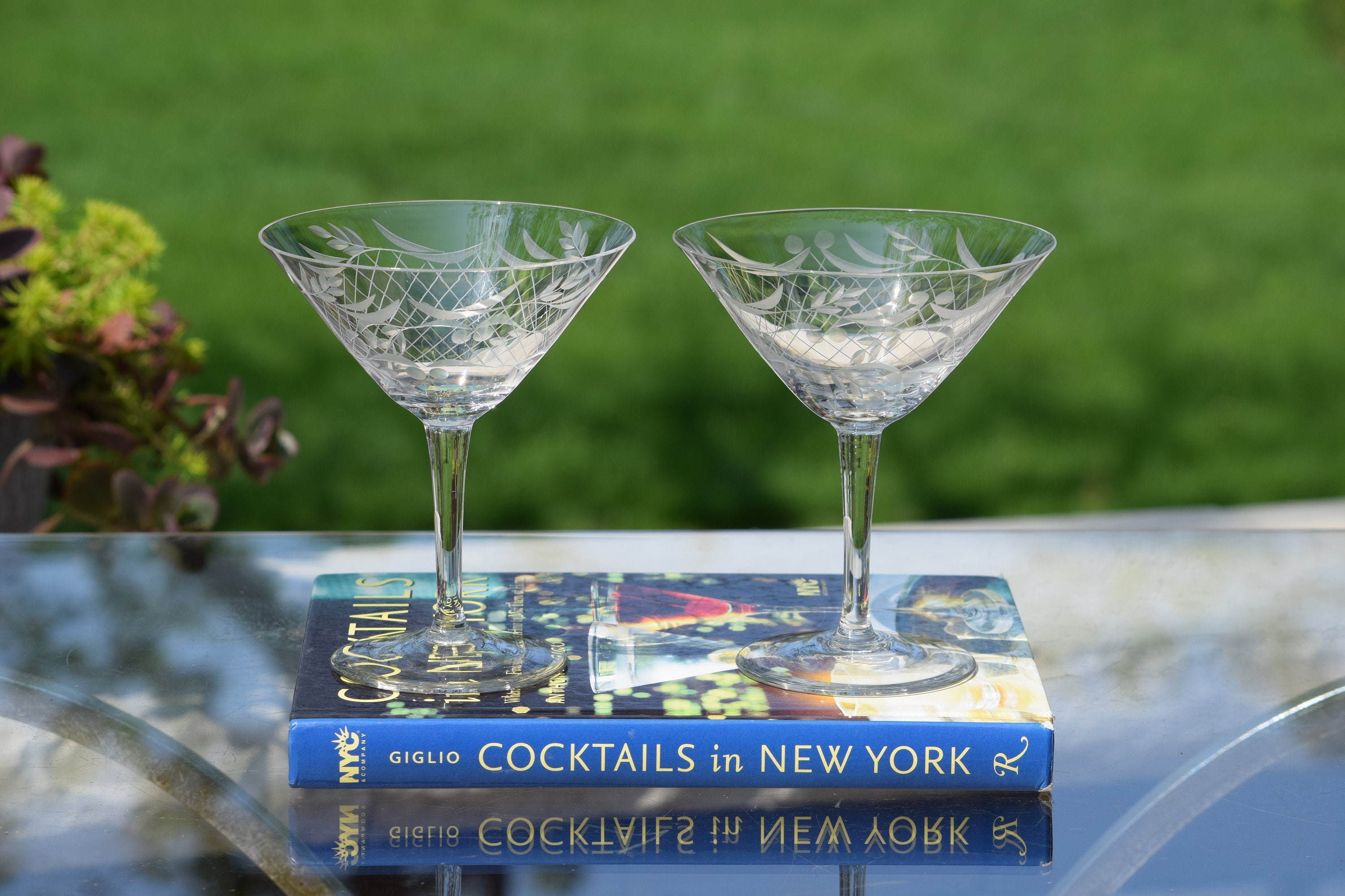 2 Vintage Etched Cocktail Glasses Martini Glasses, 1950's, Vintage Etched Manhattan Glasses