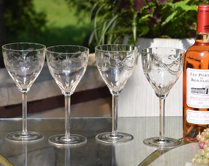 Vintage Etched Crystal Wine Glasses, Set of 6, Floral Design, 1970s