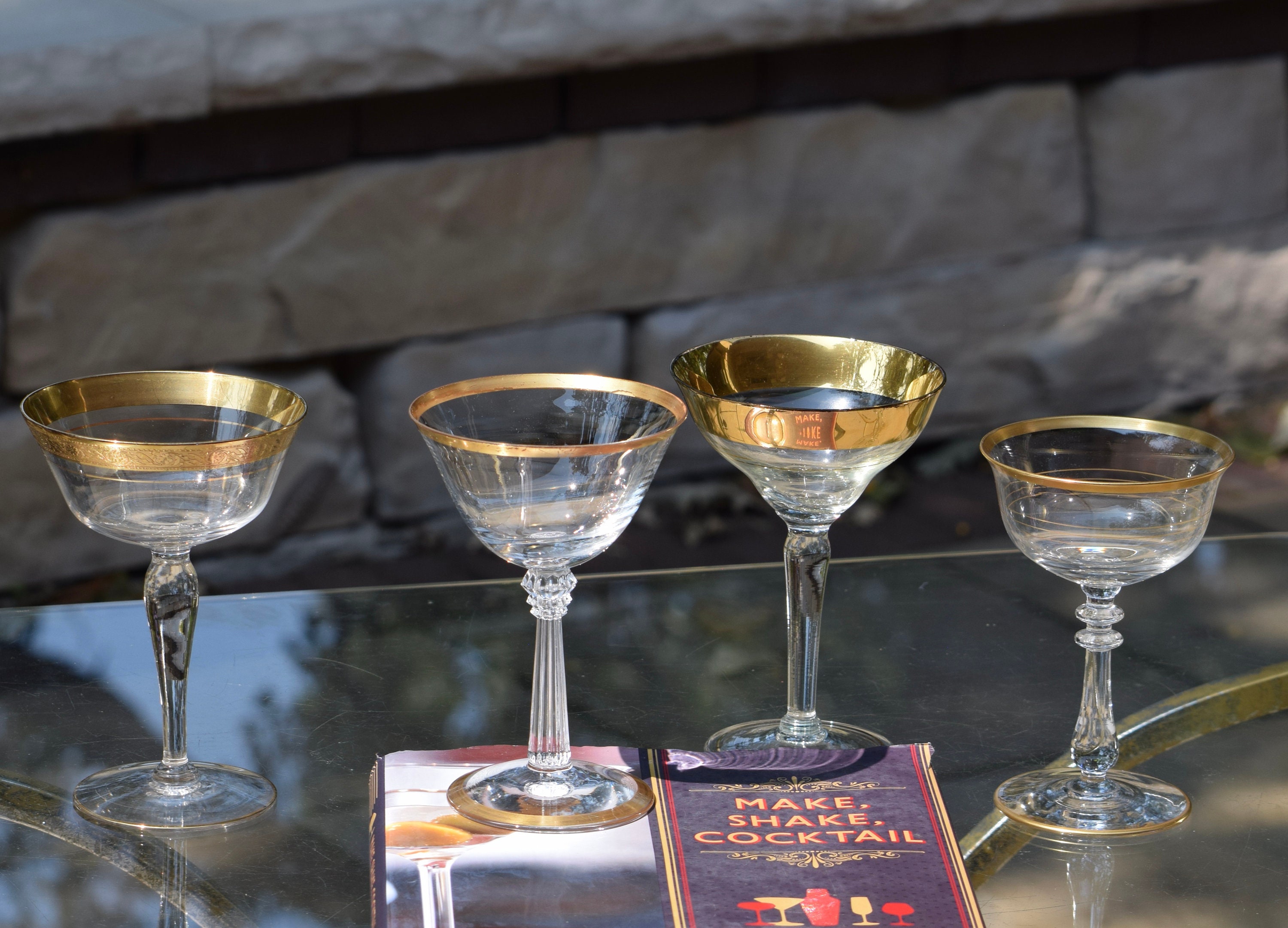 4 Vintage Gold Cocktail Martini Glasses, Set of 4 Mis-Matched