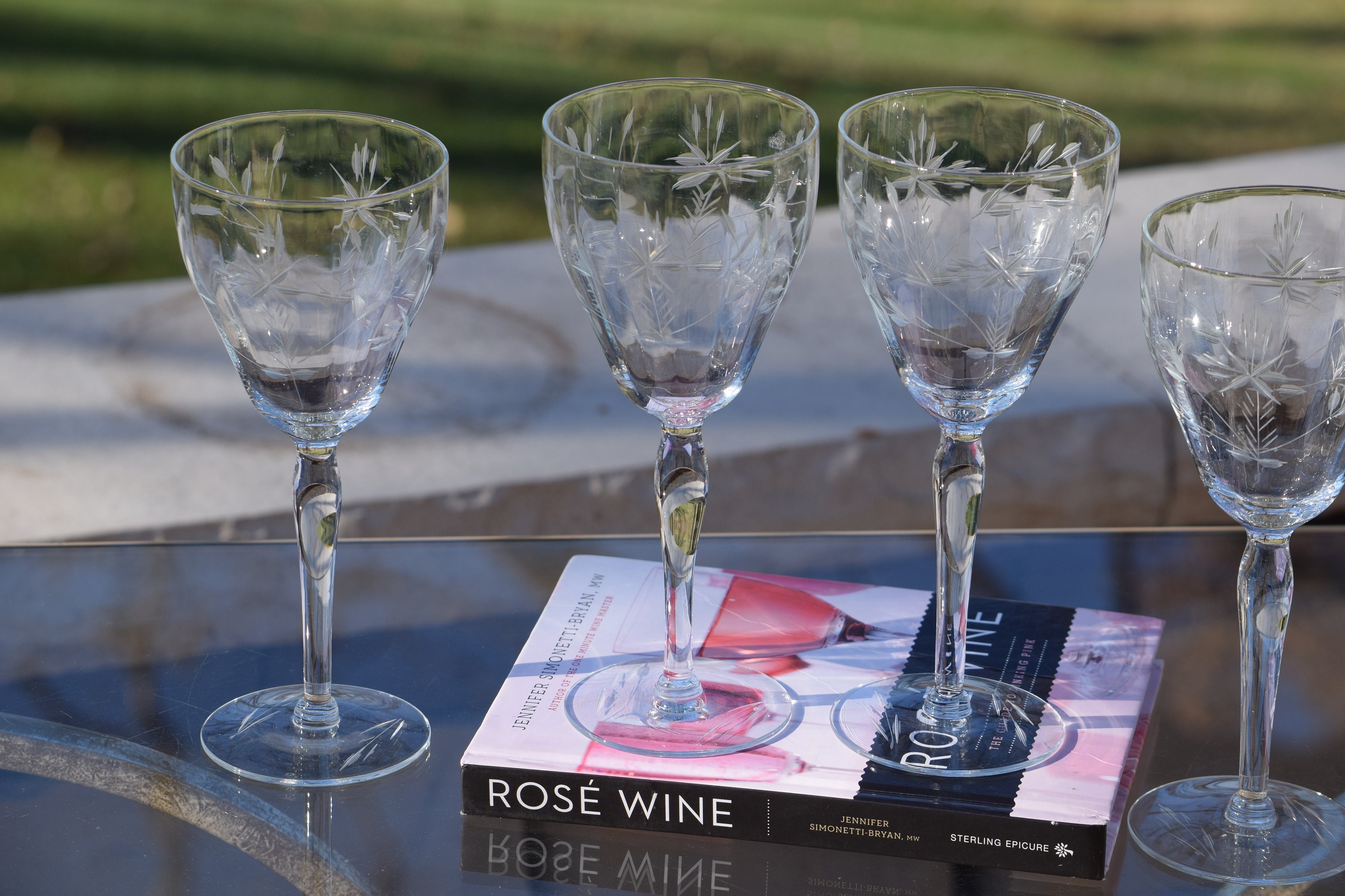 Barware Tall Wine Glasses Lot of 3 Crystal with Etched Flower Design