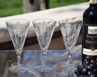 5 verres à vin en cristal gravé vintage, franciscain Tiffin, classique, grands verres à eau en cristal gravé des années 1940, mariages vintage