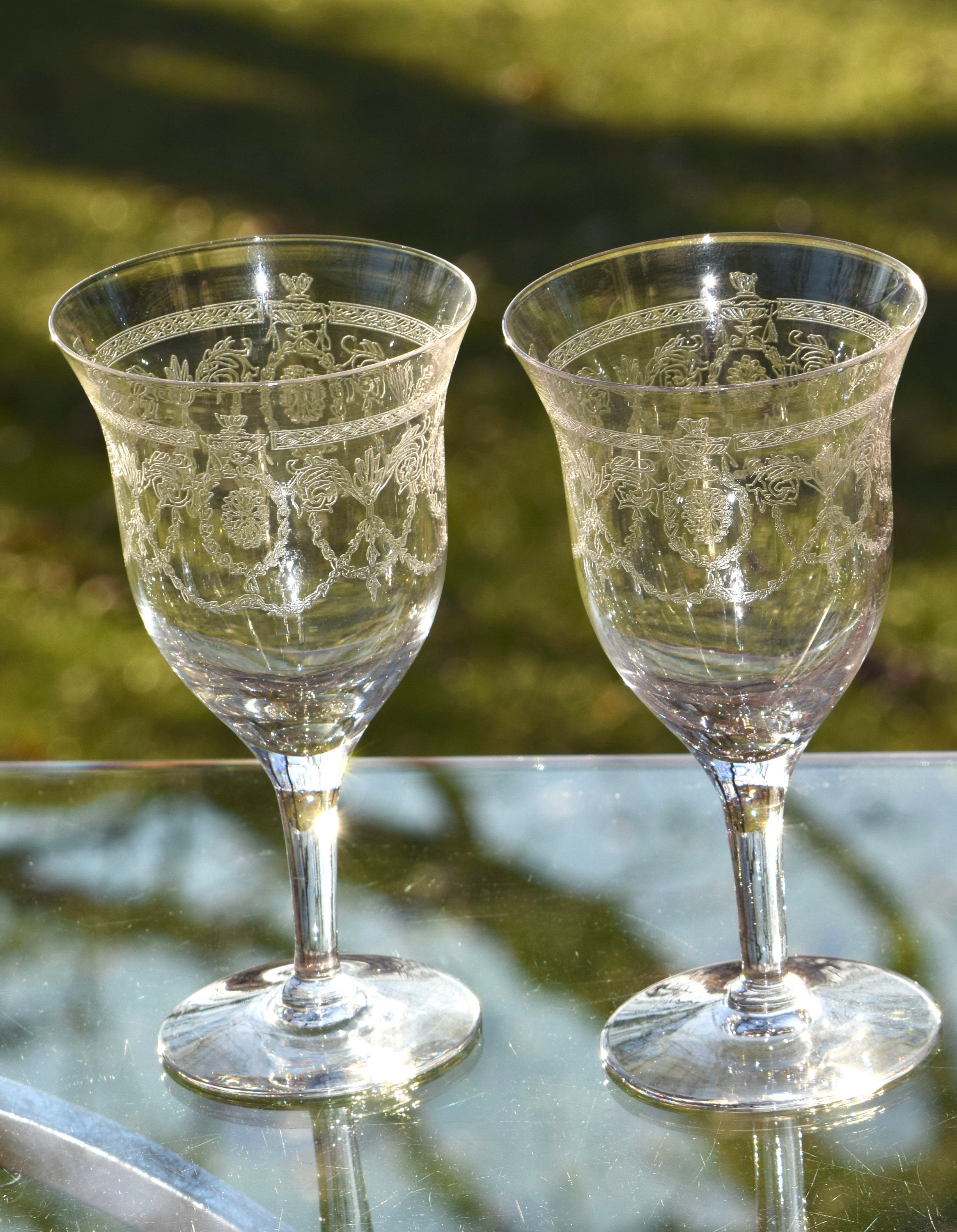 Vintage Etched Wine Glasses, Set of 4, Heisey, circa 1924, Antique