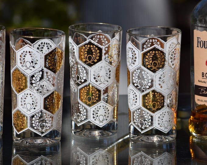 6 Vintage Cocktail Highball Glasses, Cera, circa 1950's, White and Gold Highballs, Vintage Whiskey Bourbon Glasses, Home Bar, Bar Cart