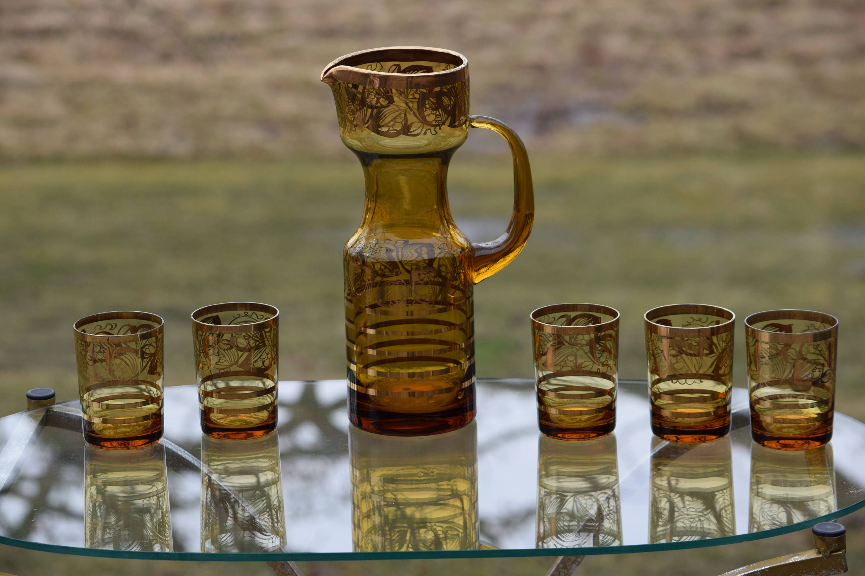 Vintage Cocktail Pitcher with glasses, 1950's Amber Glass- Polished Pontil,  Mid Century Amber Blown Glass Batch Cocktail Pitcher