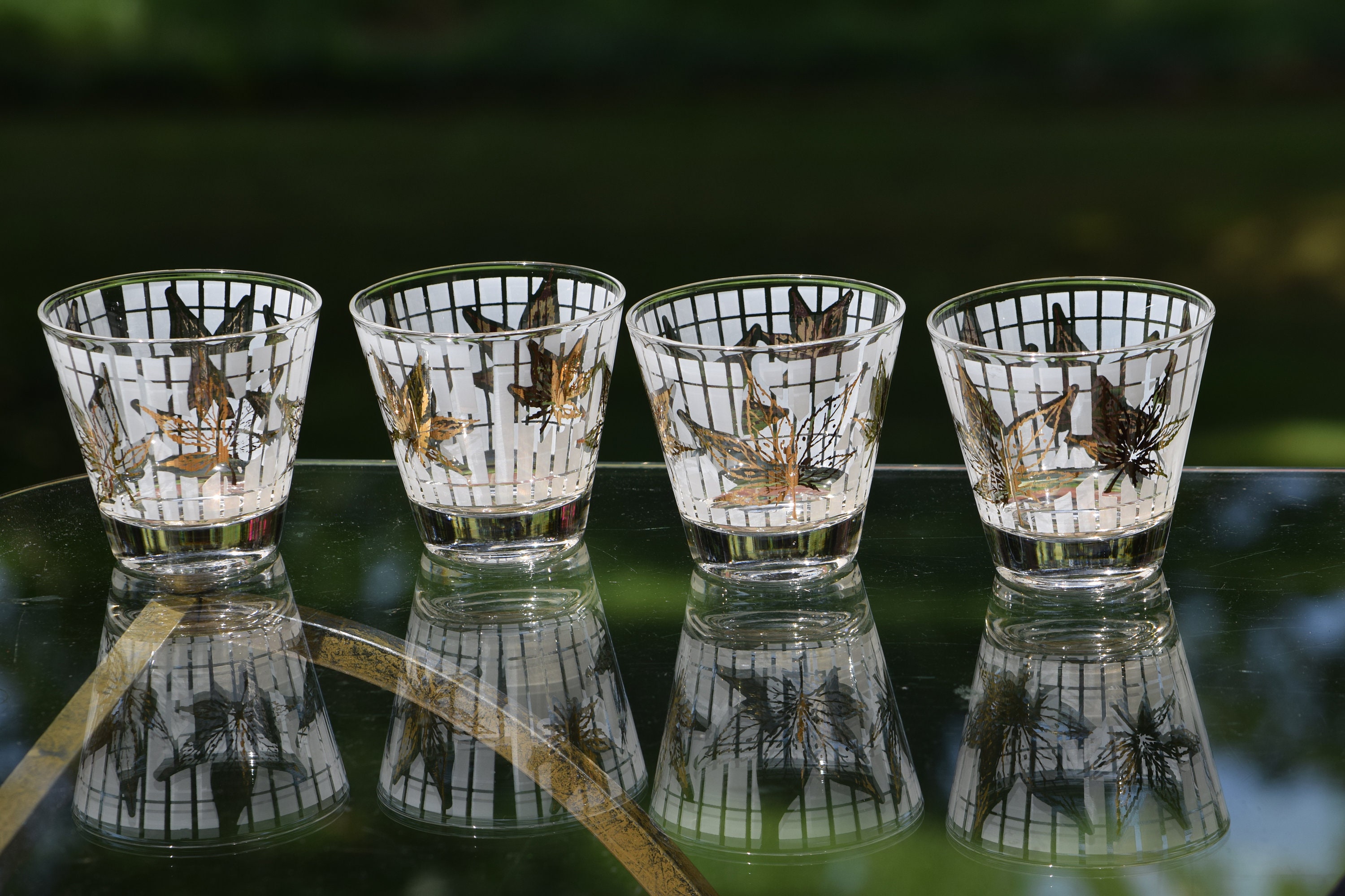 Vintage Gold and White Lowball Cocktail Glasses, Set of 4, Whiskey