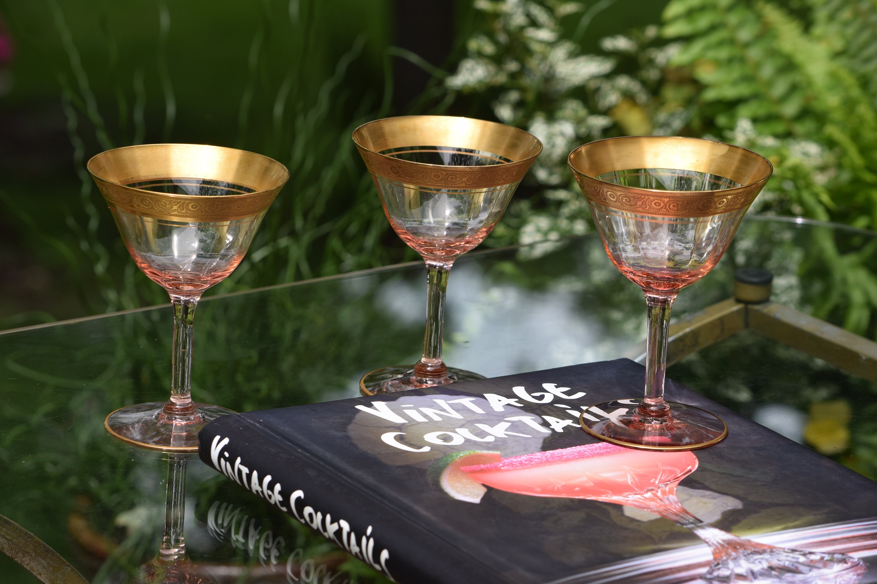 Vintage PINK Gold Rimmed Encrusted Cocktail - Martini Glasses, Set of 4,  1930's Cocktail Glasses, Mixologist glasses, Champagne Glasses