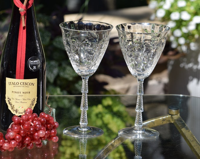 EXQUISITE! 2 Vintage Etched CRYSTAL Wine Glasses, Rock Sharpe ~ 1940's, Tall Vintage Crystal Water Goblets, Wedding Toasting Wine Glasses