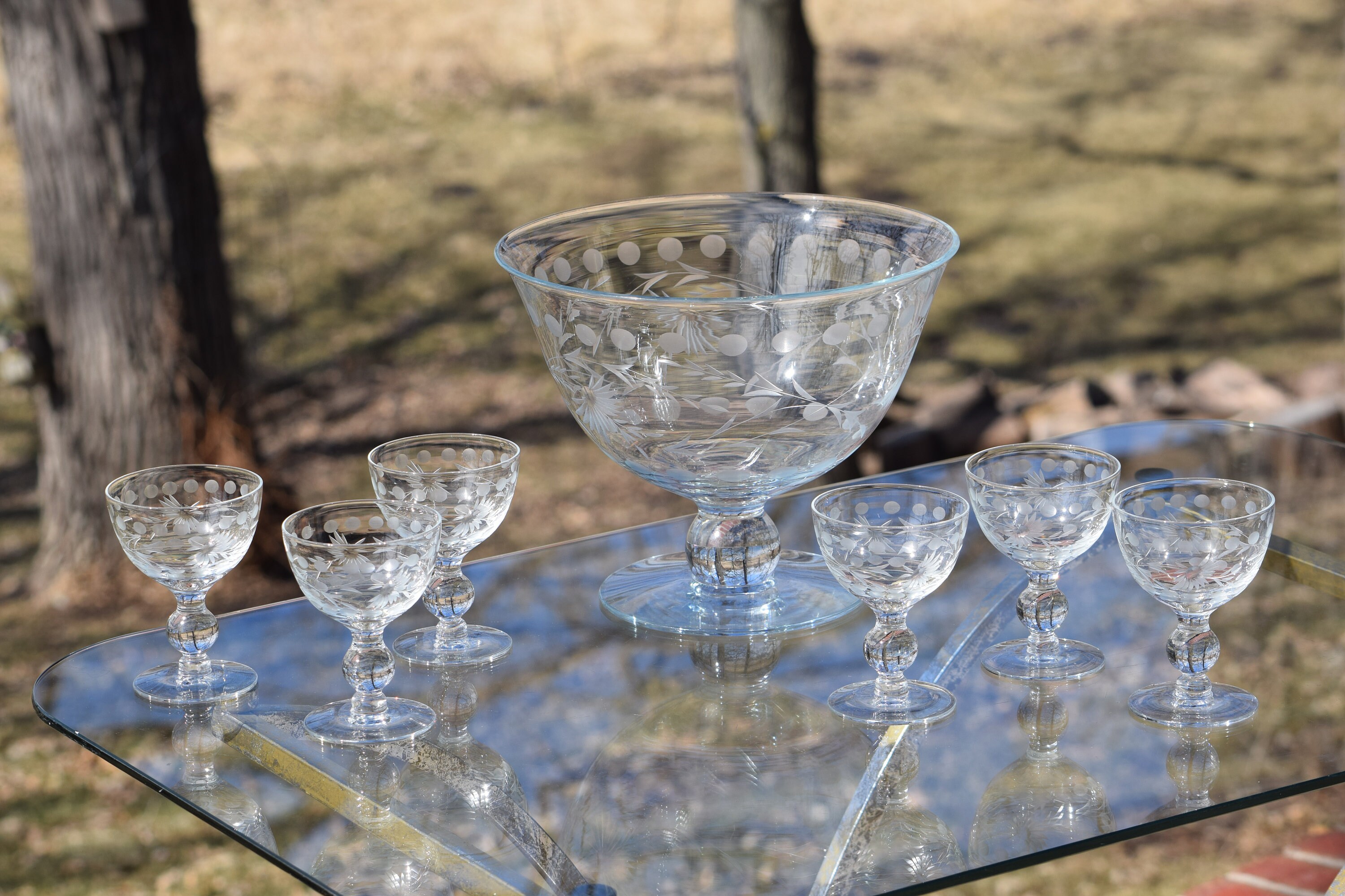 Vintage Etched Punch Bowl with 6 Etched cocktail Glasses, Cocktail