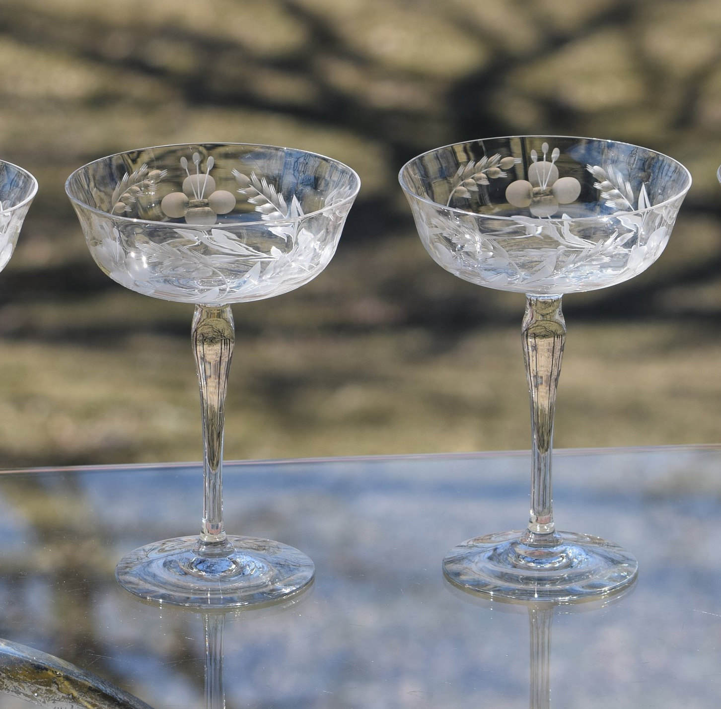 Vintage Etched Cocktail Martini Glasses, Set of 4, circa 1950's