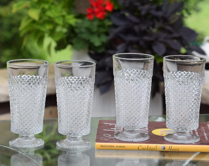 Vintage Highball Glasses: 1950s Pressed Glass Barware, Set of 4, Whiskey Cocktails, Iced Beverage Glasses, Vintage Glassware