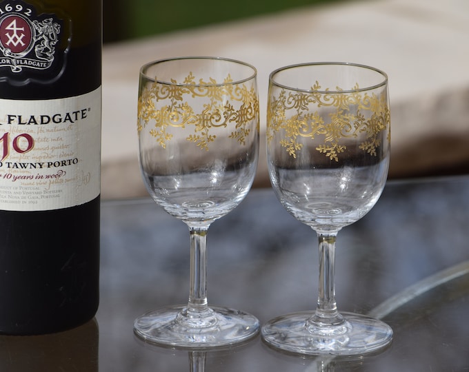 Vintage Baccarat Crystal Wine Glasses: Gold Etched Sevigne Recamier, 6 oz