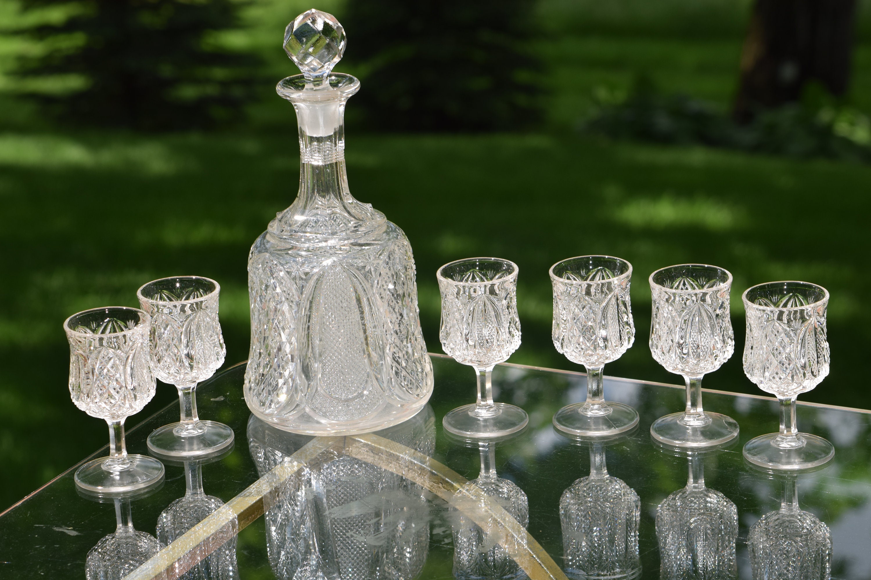Antique EPAG Pressed Glass Wine Decanter with 6 matching wine cordials