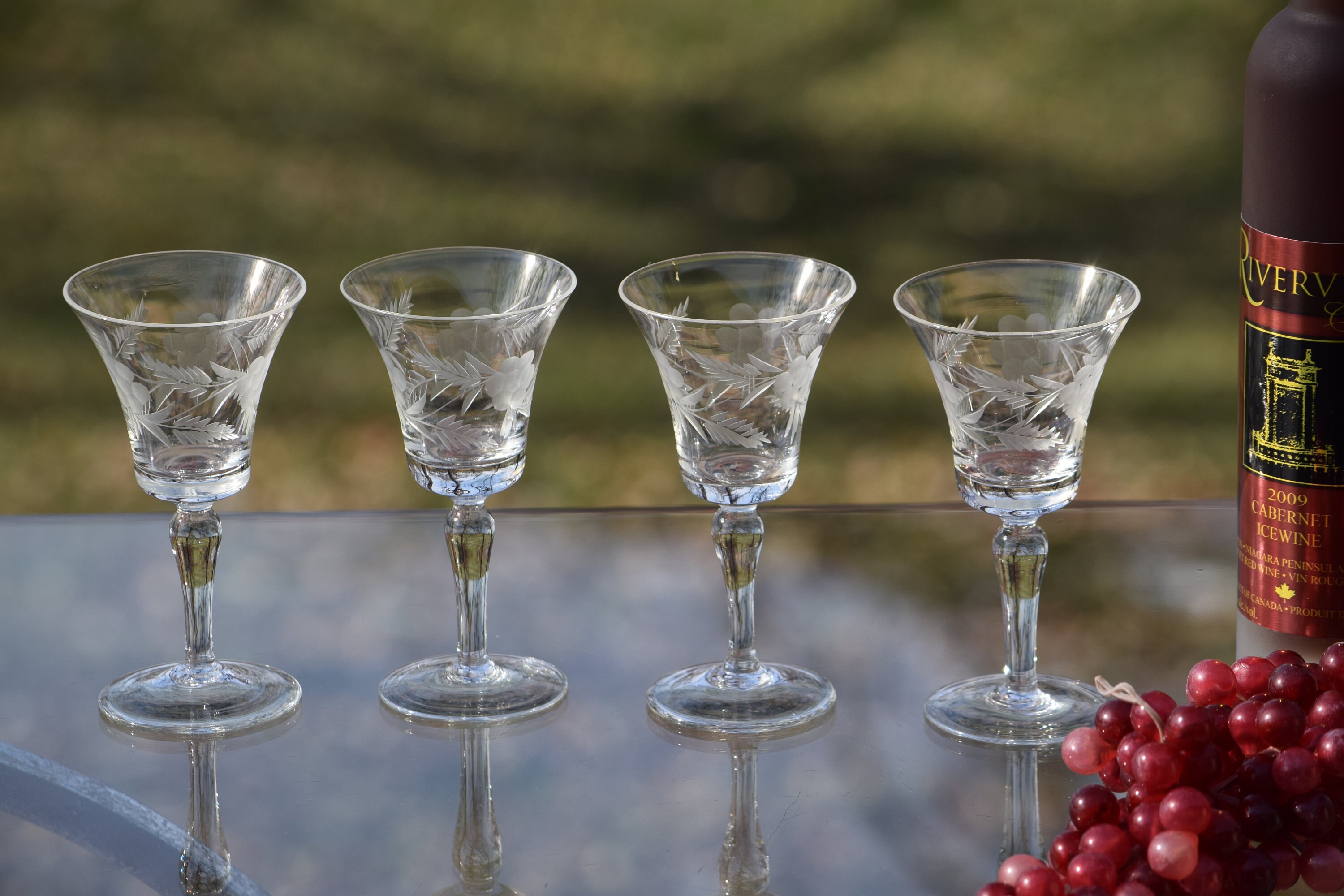 Vintage Etched Wine Cordials Glasses, Set of 4, circa 1950, 2 oz