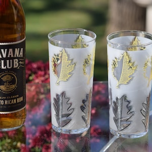 Vintage Black & Yellow Leaf Highball Glasses - Mid Century Cocktail Set