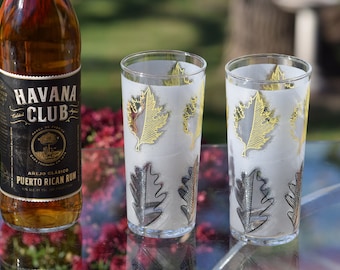 Vintage Black & Yellow Leaf Highball Glasses - Mid Century Cocktail Set