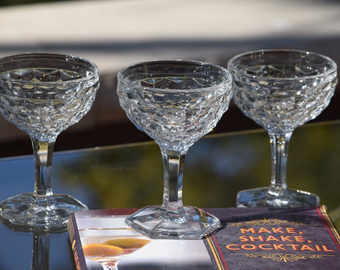 COCKTAIL HOUR in Style!  4 Vintage Pressed Glass Cocktail Glasses, Fostoria, 1940's, Nick and Nora Cocktails, Craft Cocktails!