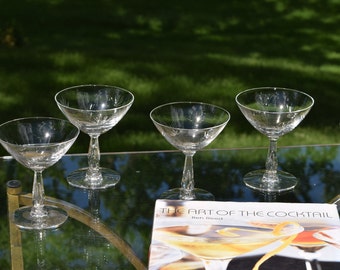 4 Vintage CRYSTAL Bubble Stem Etched Cocktail Glasses,  Tiffin Franciscan, circa 1960, Vintage Crystal Martini Glass, Crystal Bubble Stem