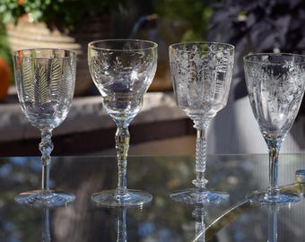 Vintage Etched Wine Glasses - Mis-Matched Etched Vintage Stemware, Set of 4, Tiffin Franciscan