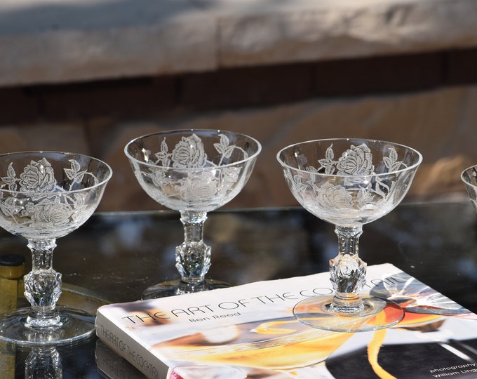 4 Vintage Etched Cocktail Glasses, Heisey 1950's, Vintage Etched