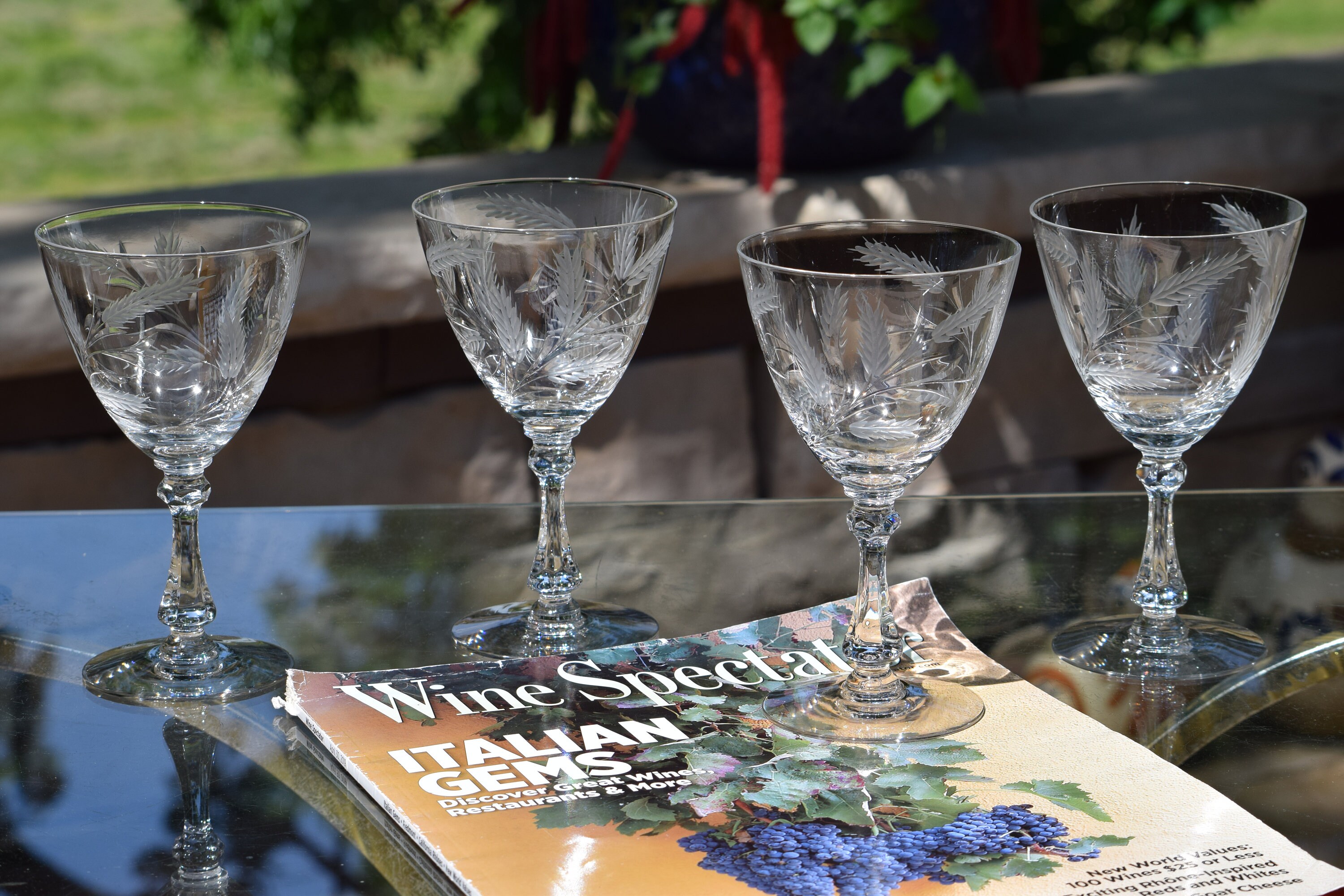 4 Vintage Etched Crystal Wine Glasses, Cambridge, 1940's, Crystal Water  Goblets