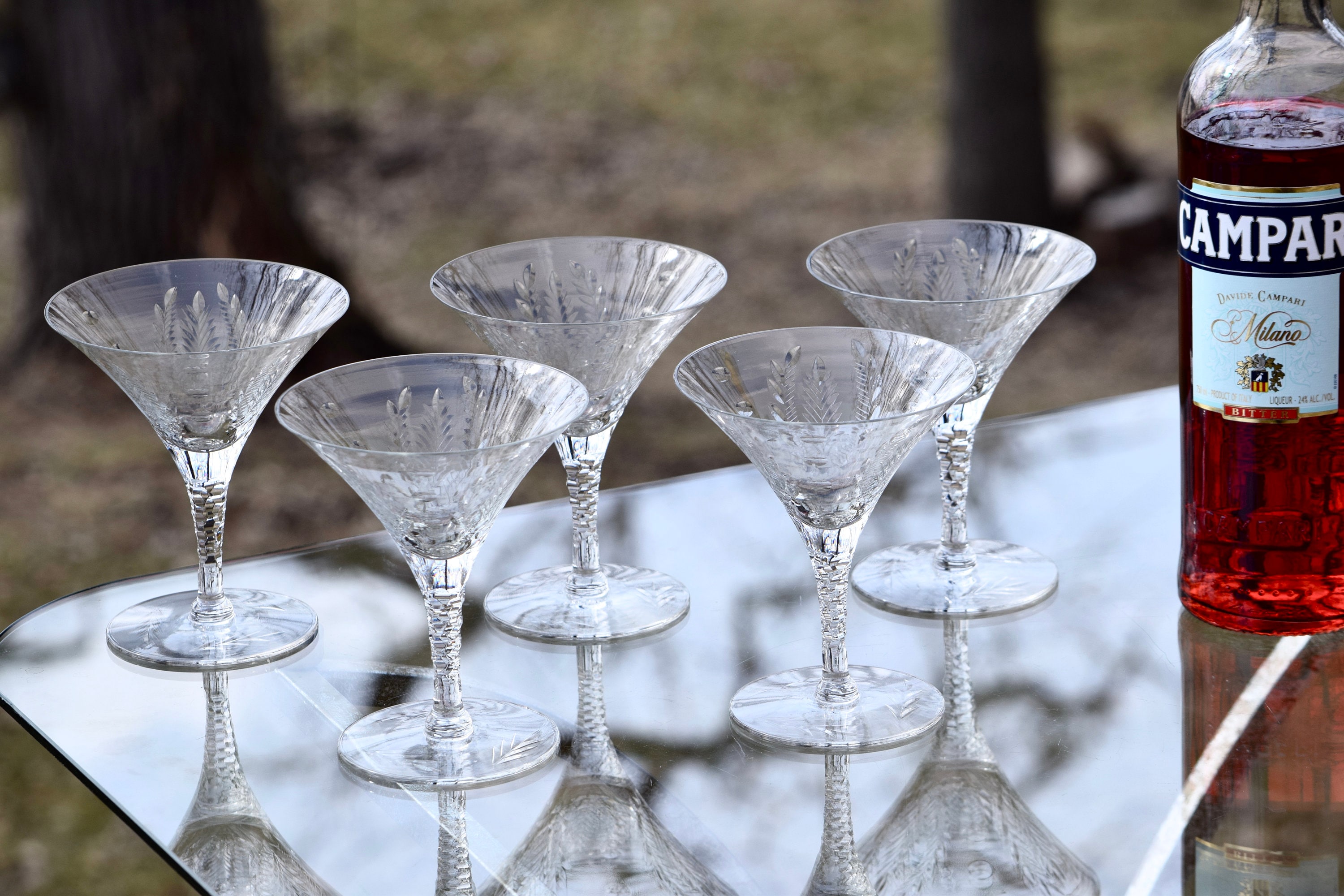 Vintage Etched CRYSTAL Martini Glasses, Set of 5, Antique Crystal