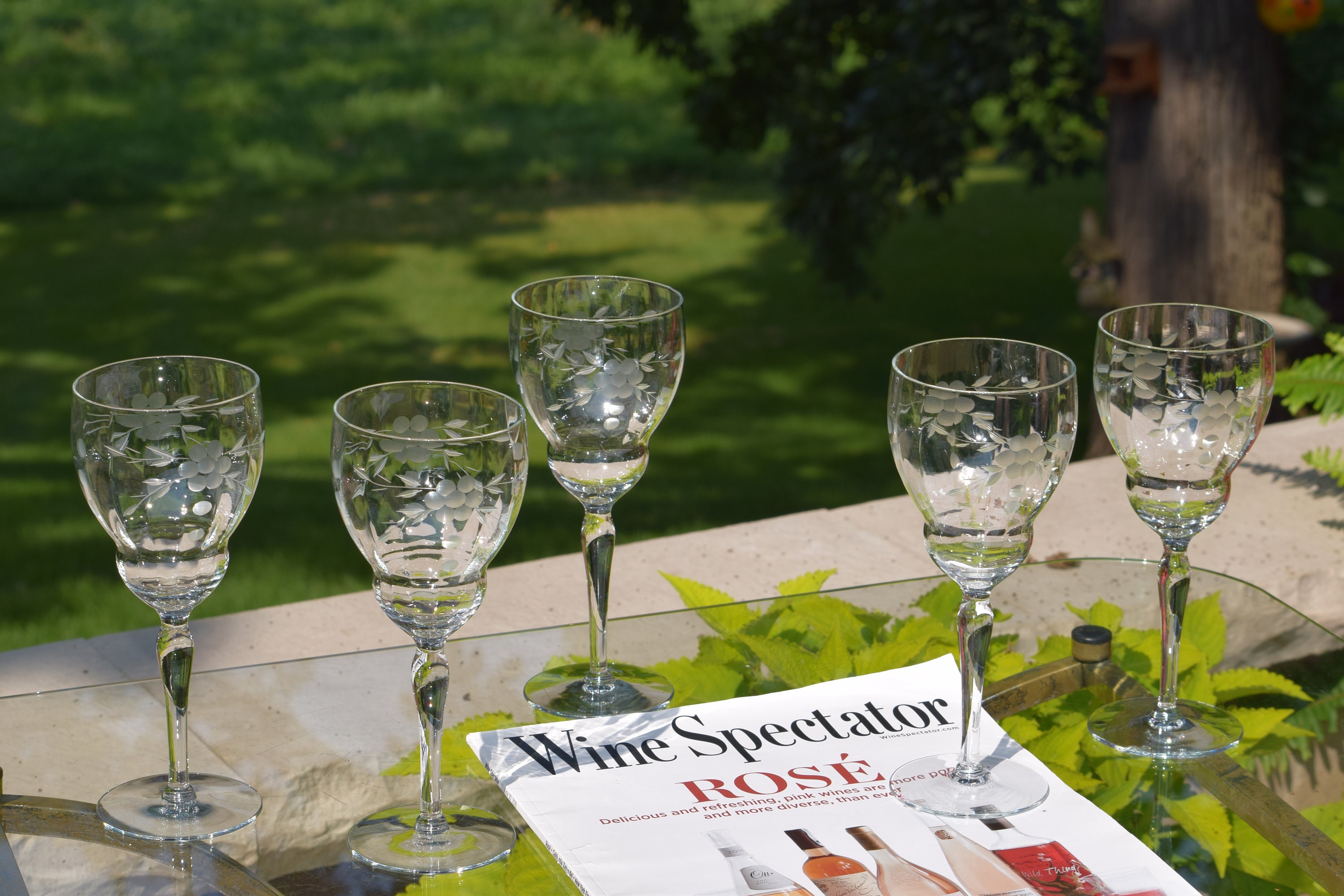 5 Vintage Etched Wine Glasses ~ Water Goblets, 10 oz Wine glasses