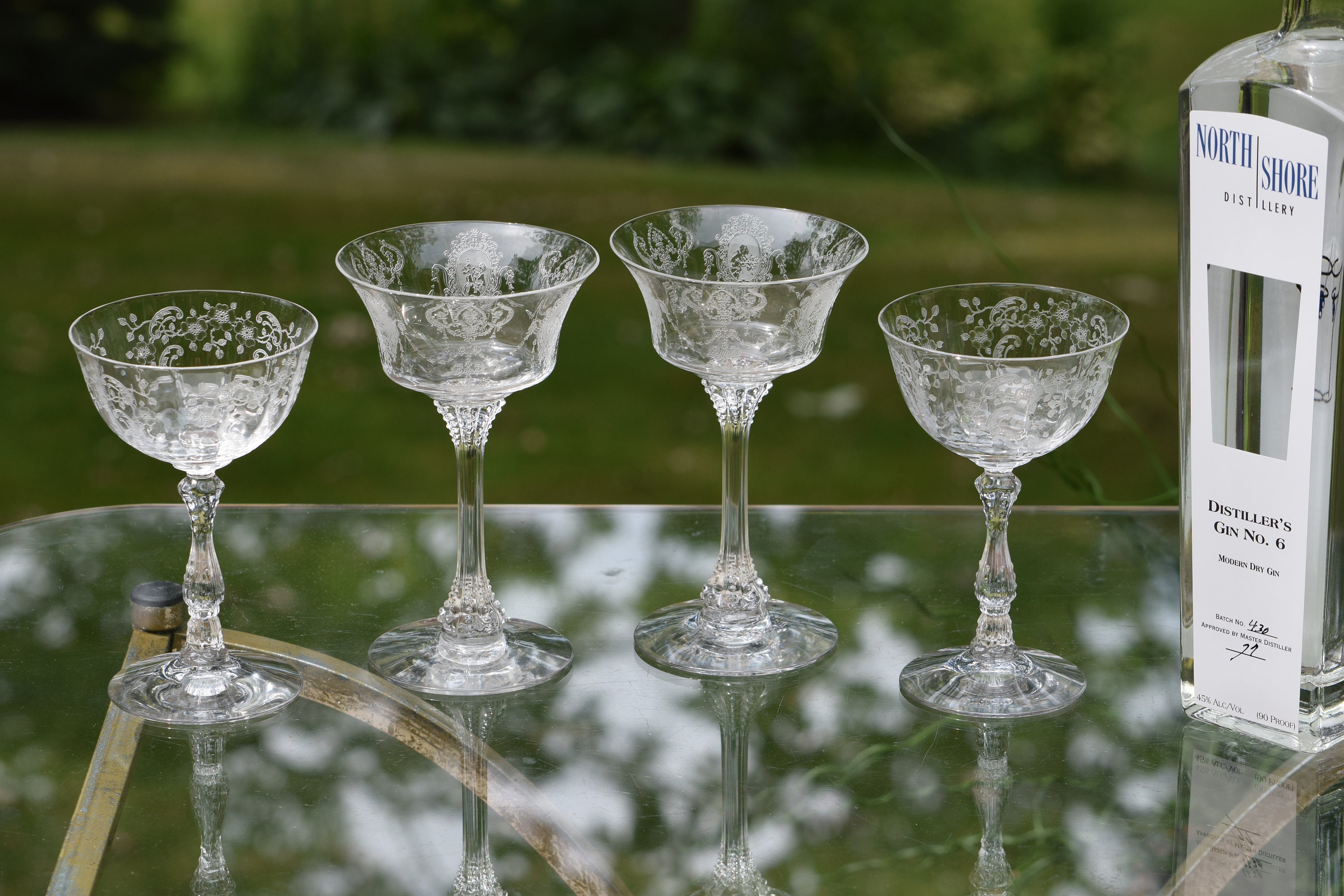 Vintage Etched CRYSTAL Cocktail Martini Glasses, Set of 4 MisMatched