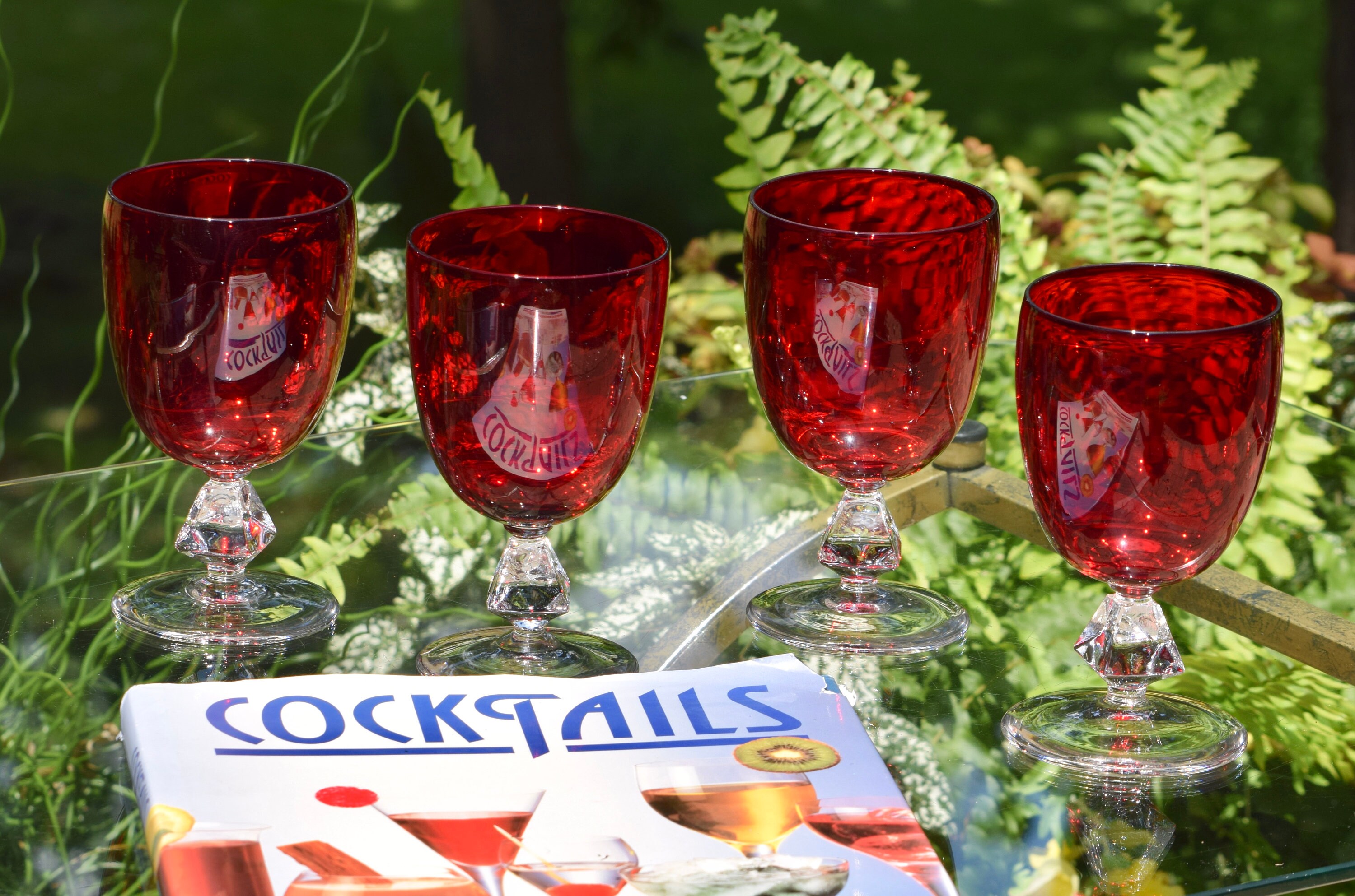 Vintage Ruby Red Cocktail Wine Glasses Set of 4, Bryce, Aquarius Ruby