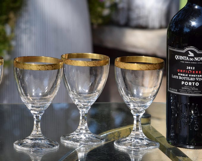 Vintage Etched Crystal Port Wine Glasses - Gold Rimmed Cordials, Set of 6