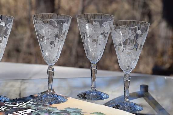 5 Vintage Acid Etched Crystal Water Goblet Wine Glasses, Fostoria, Rogene,  1920's, Tall Crystal Etched Wine Glasses 