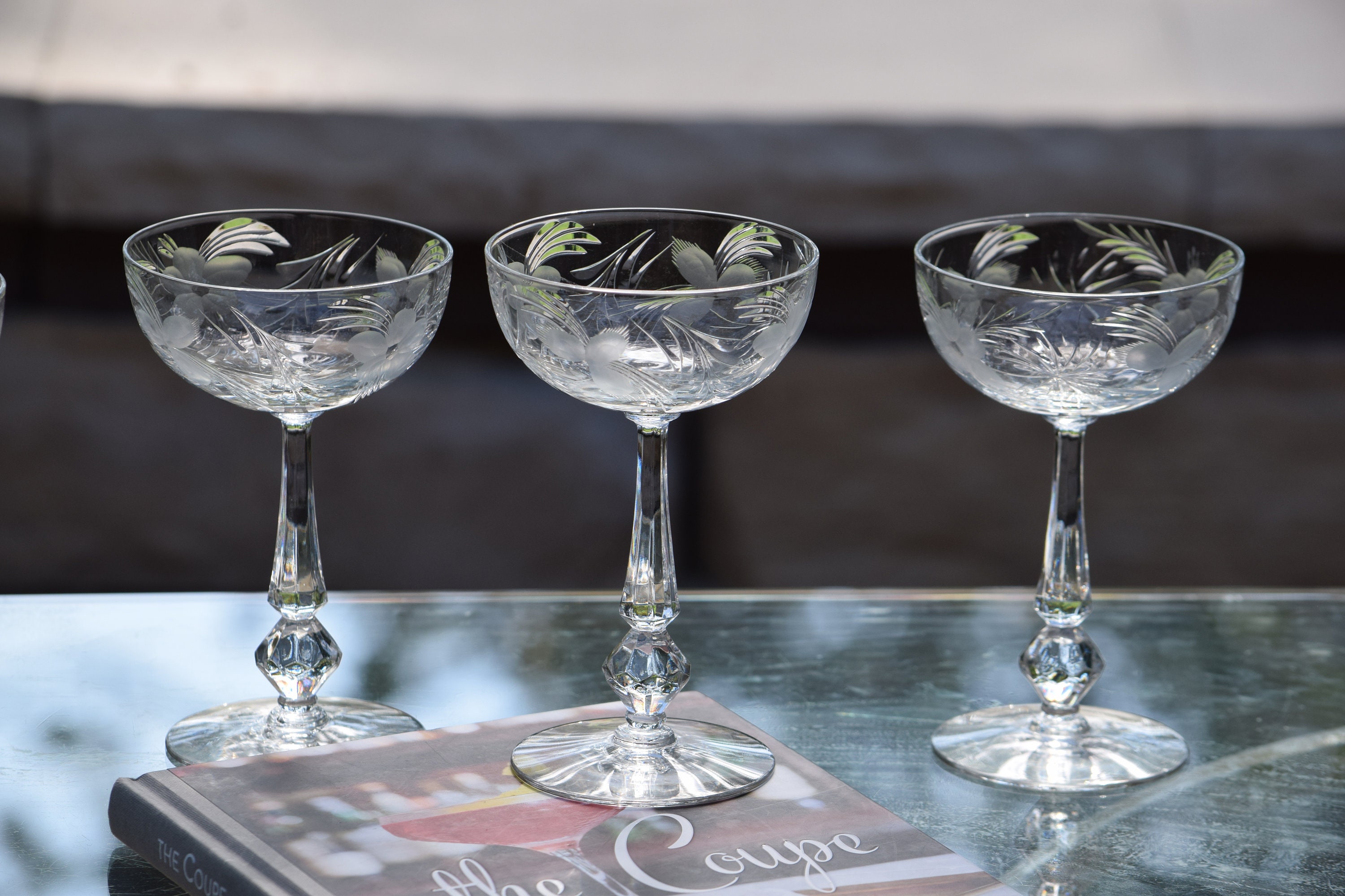 4 Vintage Etched CRYSTAL Cocktail Glasses, Heisey ~ Dolly Madison Rose ...