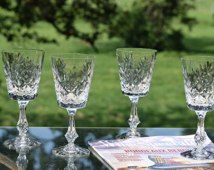 4 Vintage Crystal Cut & Etched Wine Glasses, Tiffin Franciscan, Deauville, c. 1960's, 10 oz Water Goblets, Crystal Cut Wine Glasses