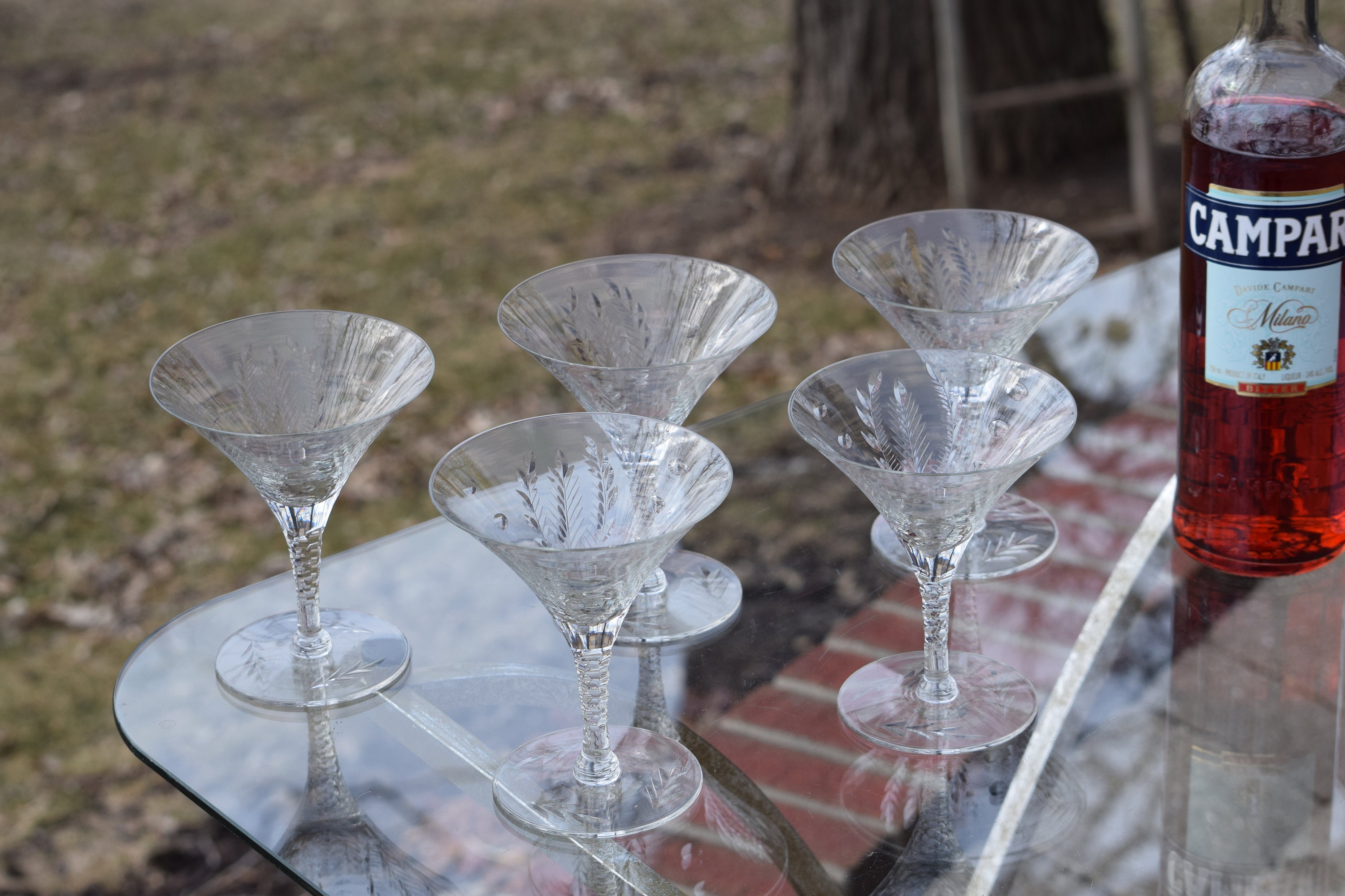 Vintage Etched CRYSTAL Martini Glasses, Set of 5, Antique Crystal