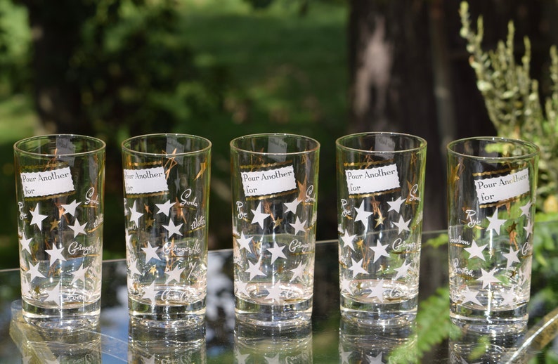 1950/'s 1960/'s Barware Set of 5 Vintage Cocktail- Whiskey Highball Glasses Mid Century Barware Pour Another For Whiskey Highballs