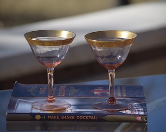 2 Vintage PINK Gold Rimmed Encrusted Cocktail - Martini Glasses, 1940's Cocktail Glasses, Mixologist glasses, Champagne Glasses