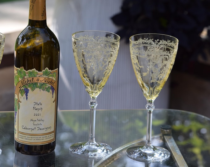 ONE OF A KIND Vintage Etched Yellow Wine Glasses - Water Goblet Fostoria, June Topaz, circa 1933, Antique Yellow Etched Wine Glasses, 1930's