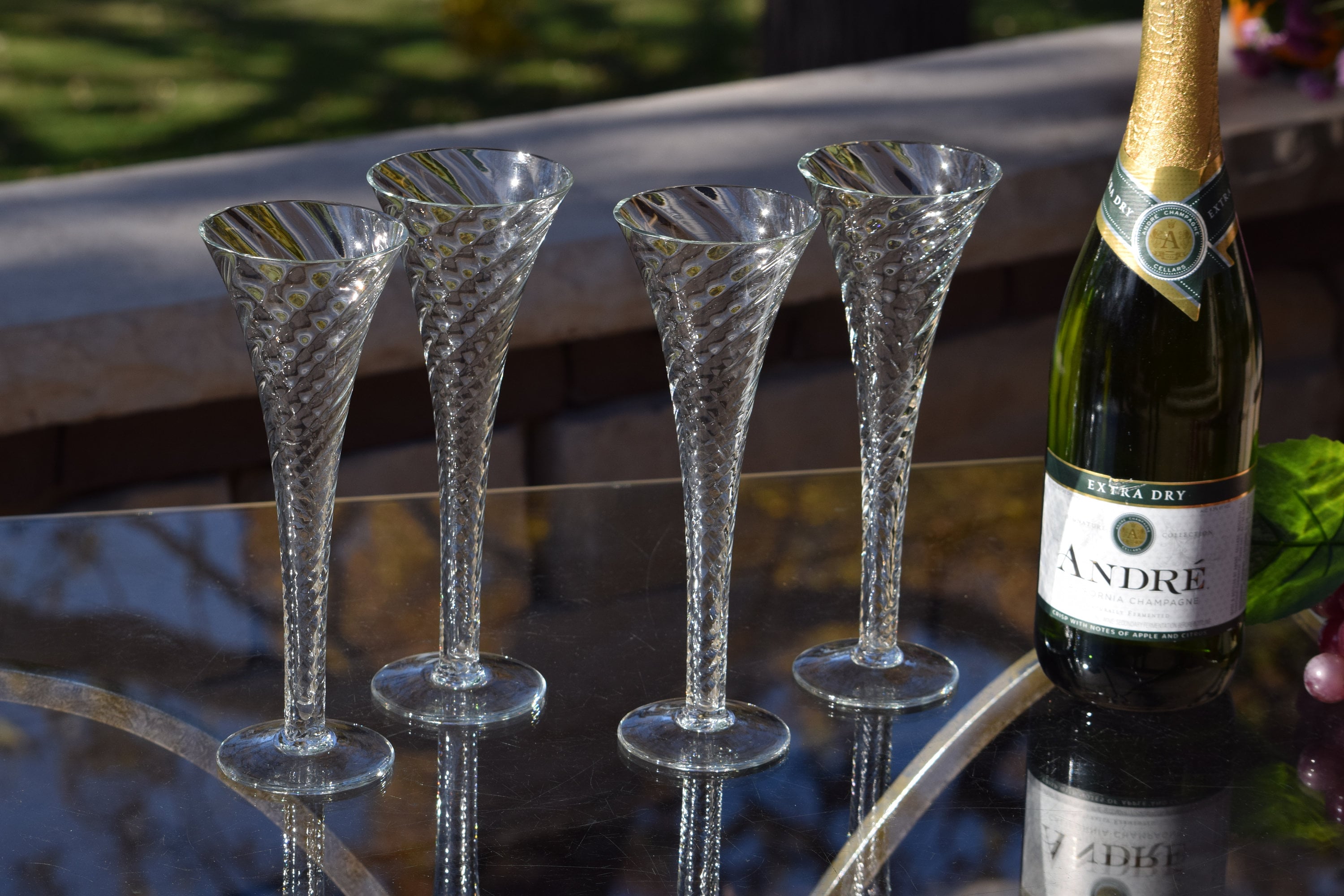 4 Vintage Tall Trumpet Fluted Champagne Glasses, Wedding Toasting