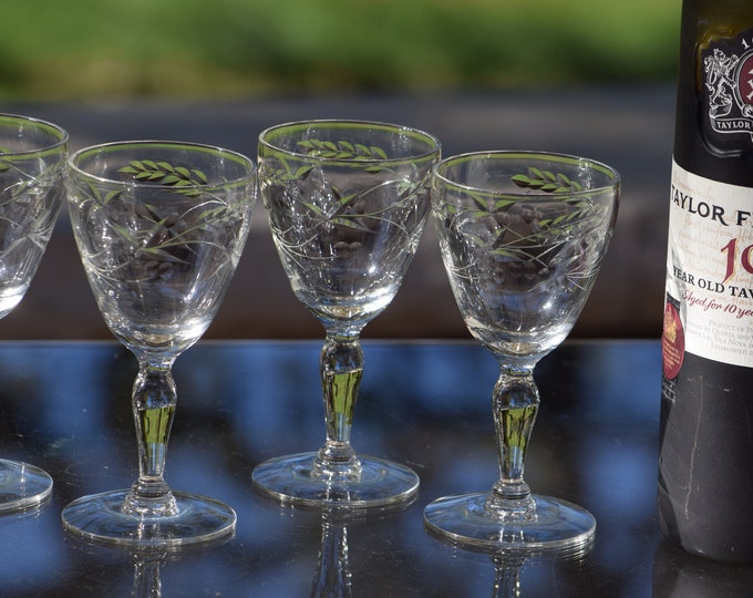 SIPPING PORT?  5 Vintage Etched Port Wine Glasses, 3 oz After Dinner Drink Cordials, Port Wine ~ Dessert Wine Glasses, 3 oz Wine Cordials