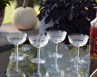 4 Vintage Needle Etched Crystal Cocktail ~ Martini Glasses, 1920's,  Nick and Nora Champagne Coupes, Vintage Champagne Toasting Glasses
