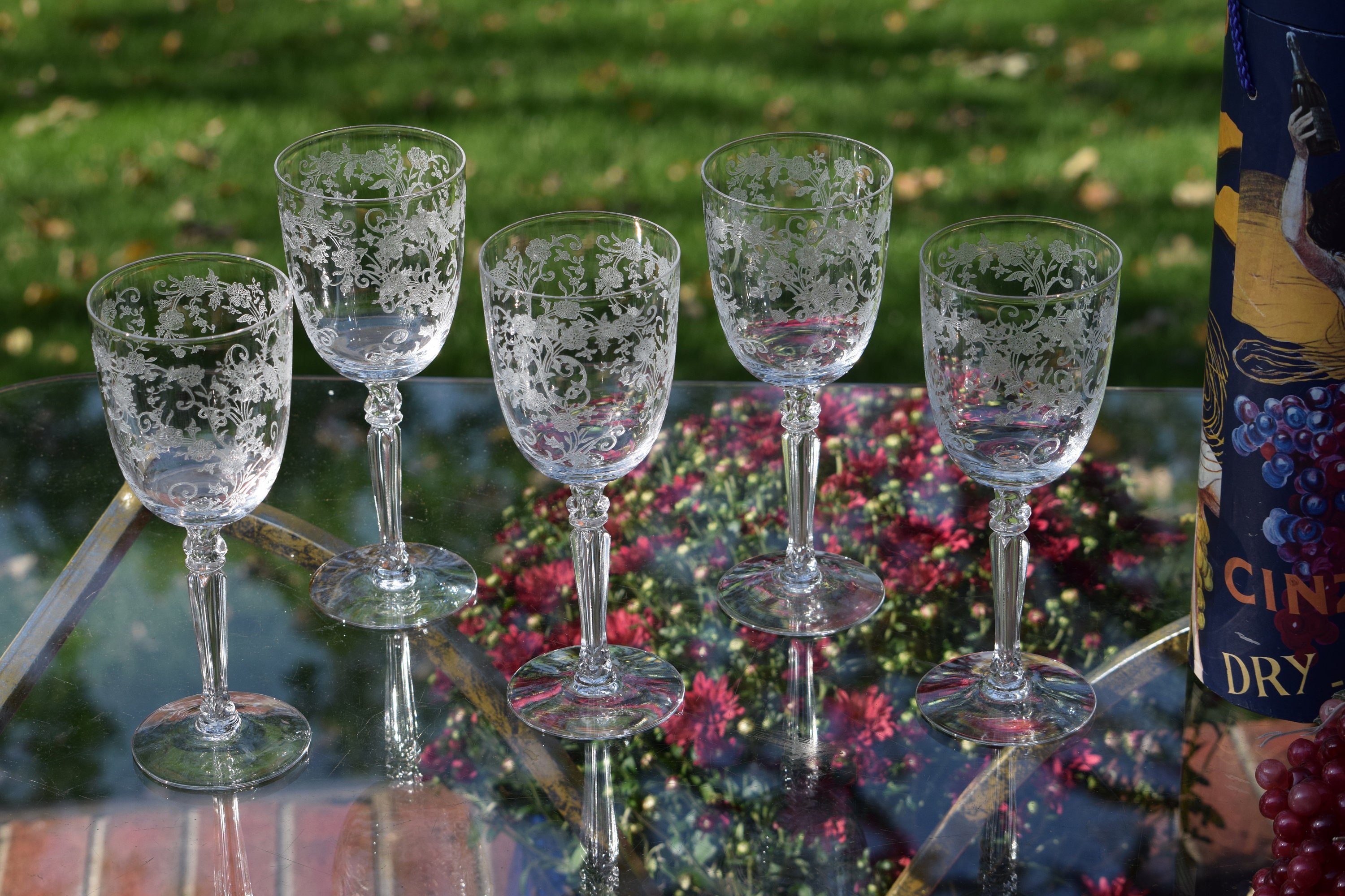 Vintage Etched CRYSTAL Wine Glasses, Set of 5, Fostoria, Buttercup