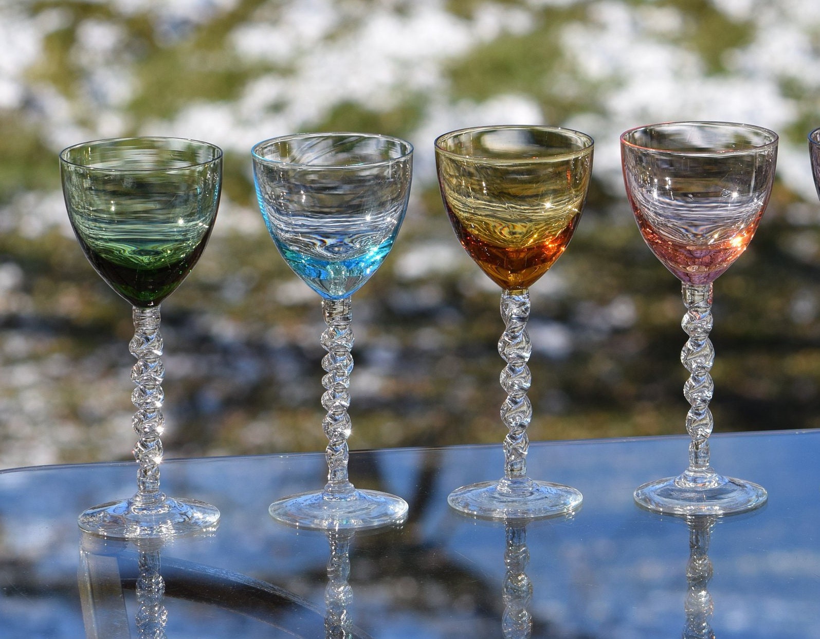 Vintage Multi Colored Clear Twisted Stem Wine Glasses Set of 6, 4