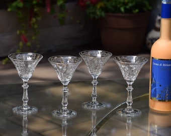 4 Vintage Etched Crystal Wine ~ Liqueur Glasses, Glastonbury Lotus, Hostess, 1946, 3 oz  After Dinner Drink Glasses, Dessert Cocktails