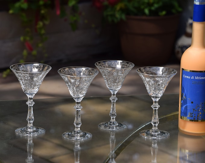 3 Vintage Etched Crystal Wine ~ Liqueur Glasses, Glastonbury Lotus, Hostess, 1946, 3 oz  After Dinner Drink Glasses, Dessert Cocktails