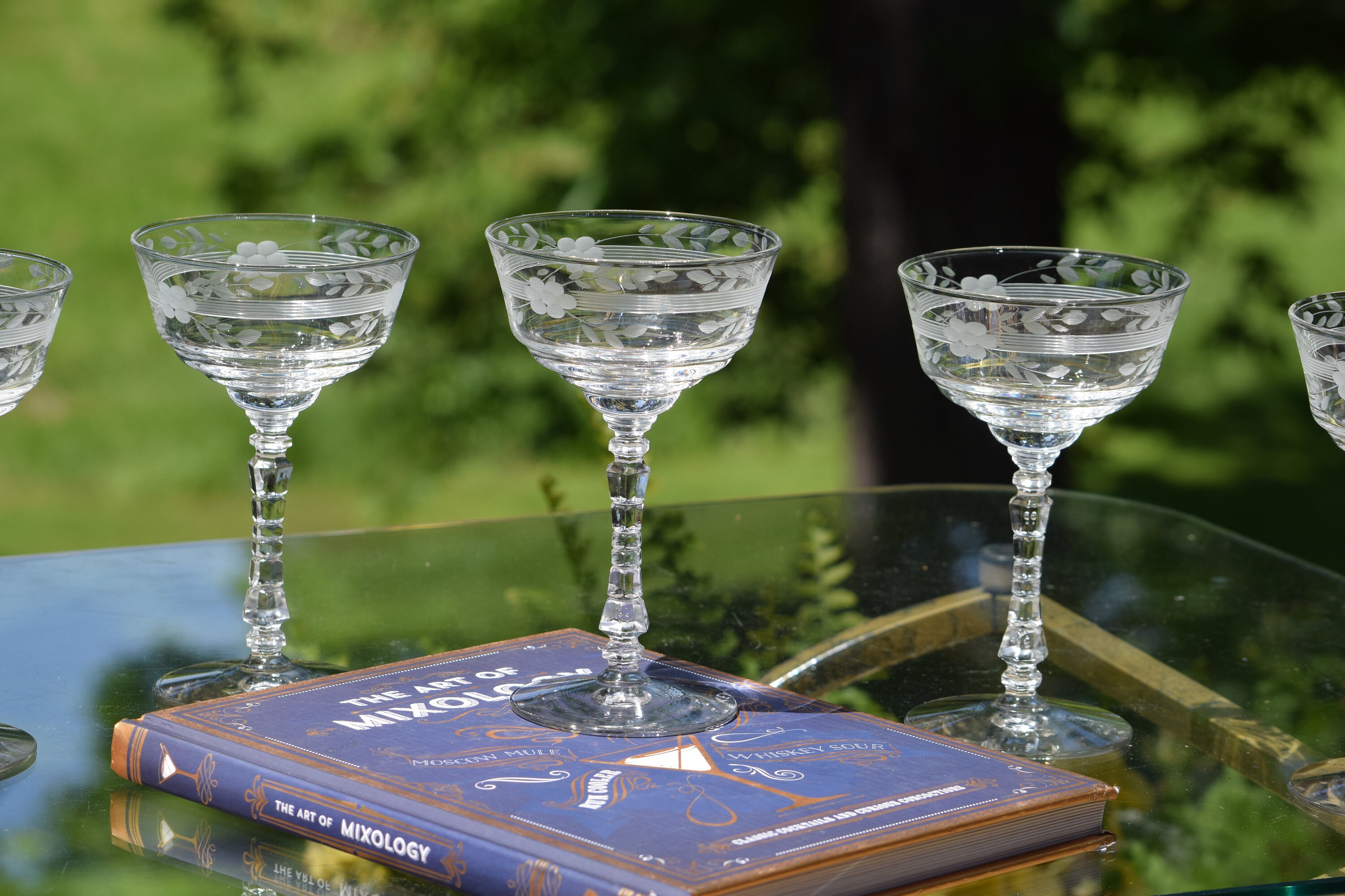 Vintage Etched Cocktail Glasses Set of 6, Cocktail Party Glasses