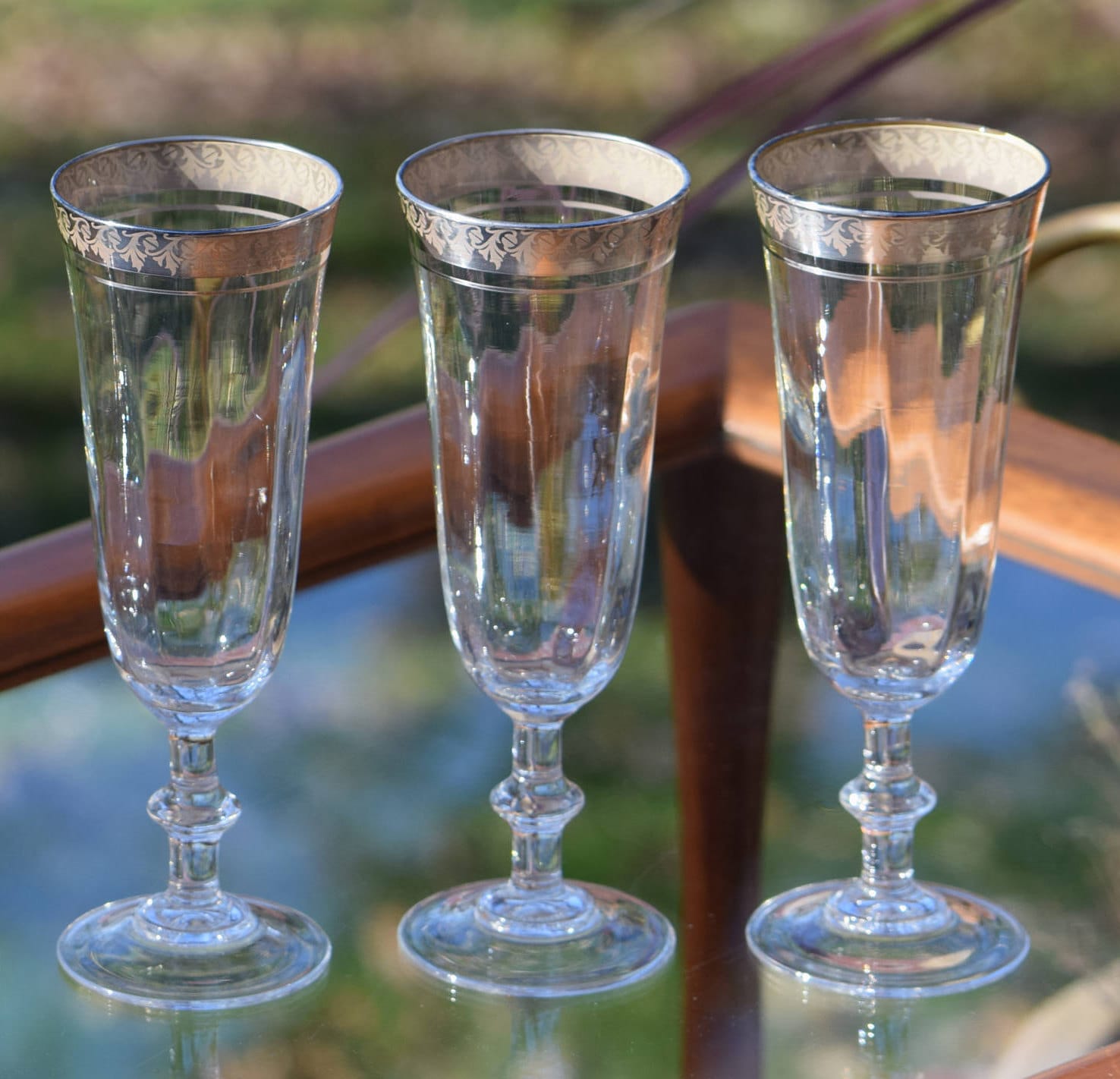 Vintage Silver Platinum Rimmed Champagne Flute Glasses Set of 6 Vintage