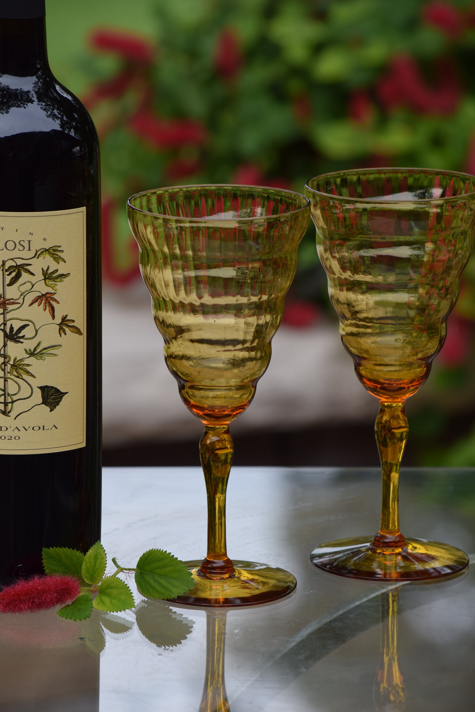 7 Vintage Amber Wine Glasses, Utility Glass Cambridge Amber c 1929